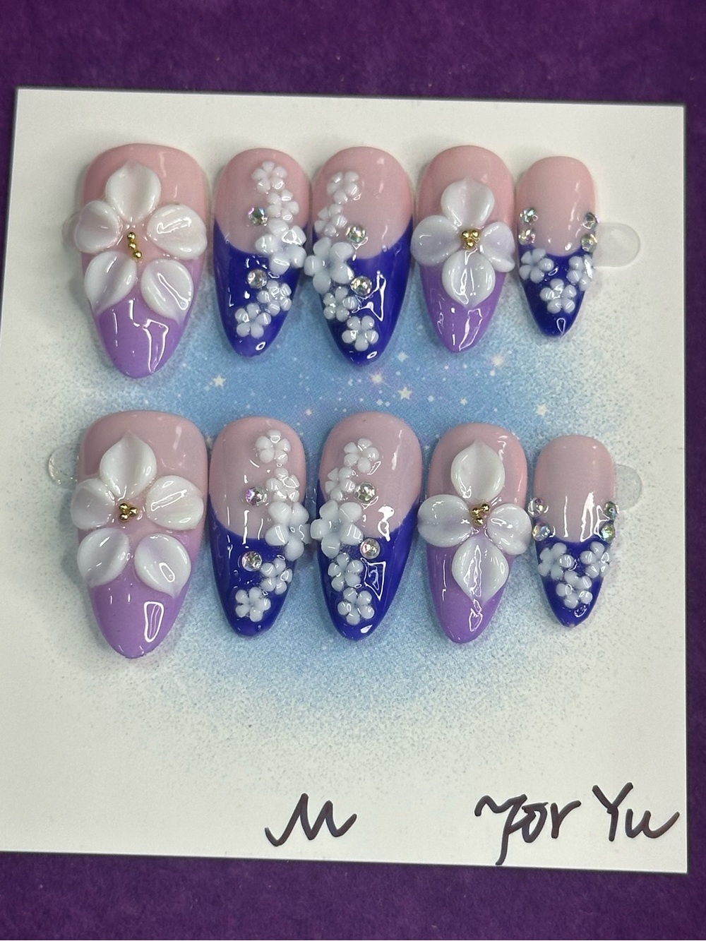 3D Flower Press-On Nails - Pink & Purple. Size Medium